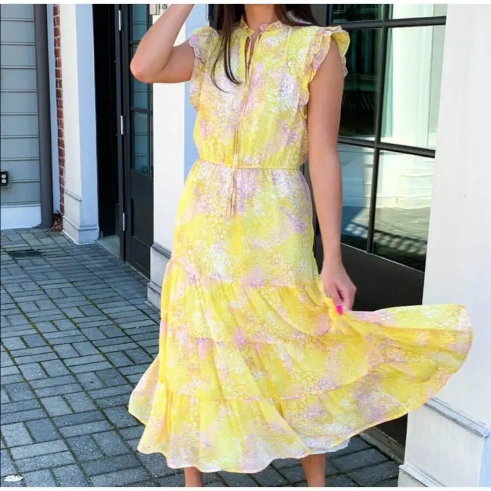 BB DAKOTA by Steve Madden Midi Dress Size Small Yellow Dream Girl Ruffles Light